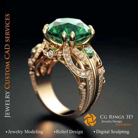 Bague avec émeraude et diamants - Bijoux CAO 3D Home, AI - Bijoux 3D CAO, AI - Anneaux 3D CAO 