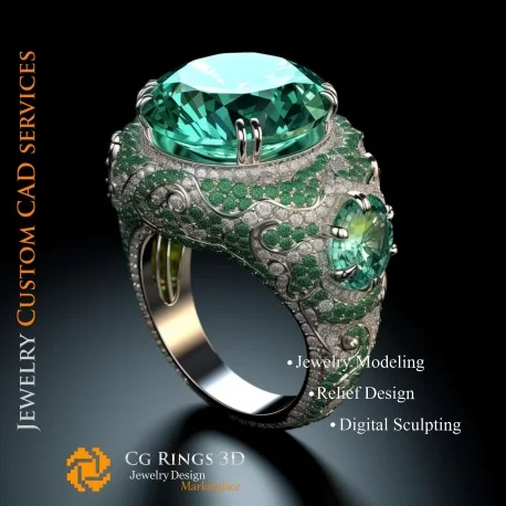Bague avec émeraude et diamants - Bijoux 3D CAO Home, AI - Bijoux 3D CAO, AI - Anneaux 3D CAO 