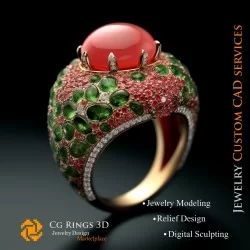 Bague avec Corail, émeraude et Diamants - Bijoux 3D CAO 