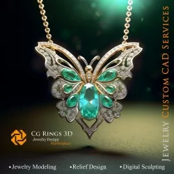 Pendentif Papillon avec émeraudes et diamants - Bijoux 3D CAO 