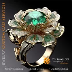 Flower Ring with Emerald and Diamonds - 3D CAD Jewelry Home, AI - Jewelry 3D CAD , AI - Rings 3D CAD 