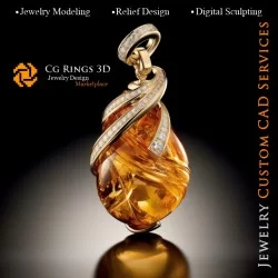 Pendant with Amber and Diamonds - 3D CAD Jewelry Home, AI - Jewelry 3D CAD , AI - Pendants 3D CAD , AI - 3D CAD Jewelry, AI - J