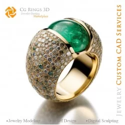 Flower Ring with Emerald and Diamonds - 3D CAD Jewelry