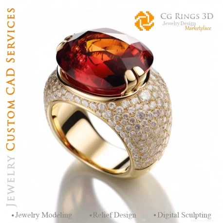 Bague avec Grenat et Diamants - Bijoux 3D CAO Home, AI - Bijoux 3D CAO, AI - Anneaux 3D CAO , AI - Bijoux 3D CAO Mélodie des Cou
