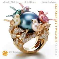 Bague Oiseaux avec et Diamants - Bijoux 3D CAO
